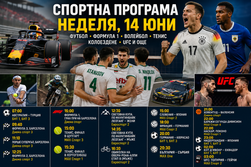 Спортът по ТВ в неделя (14 юни): Формула 1 в Барселона и България – Сърбия във волейбола