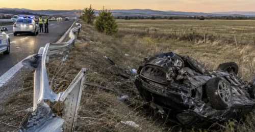 Кола се обърна по таван на АМ &bdquo;Марица&ldquo;: двама пострадали след удар в мантинела